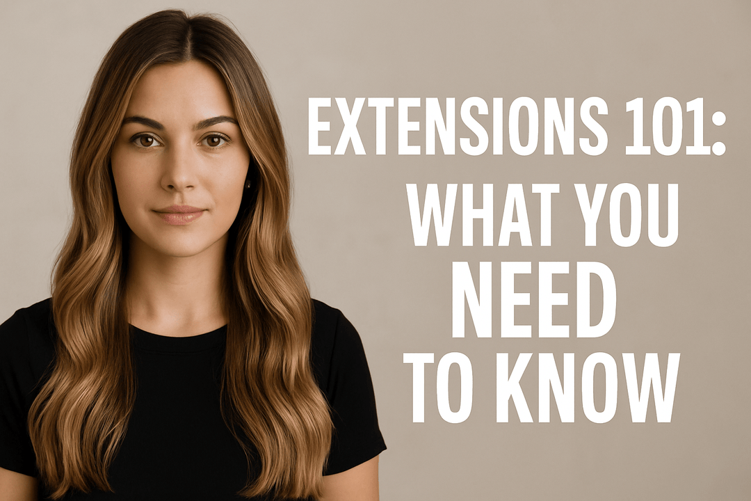 Professional thumbnail featuring a woman with long brunette hair wearing a black top, smiling slightly against a neutral background. Bold white text on the right reads: 'Extensions 101: What You Need to Know' in large, clear font.