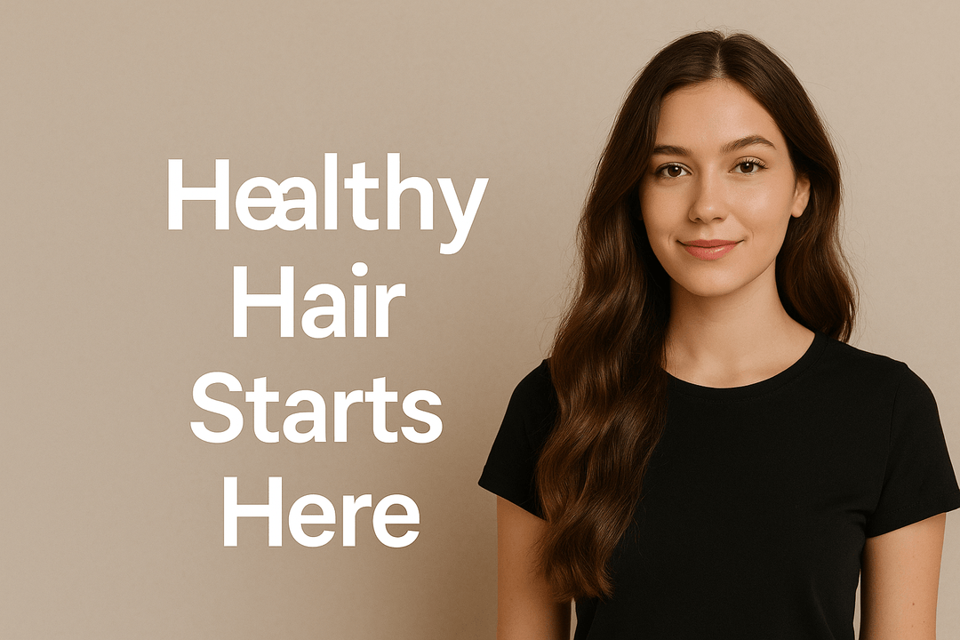 Smiling woman with long healthy brown hair beside text Healthy Hair Starts Here on salon blog thumbnail.