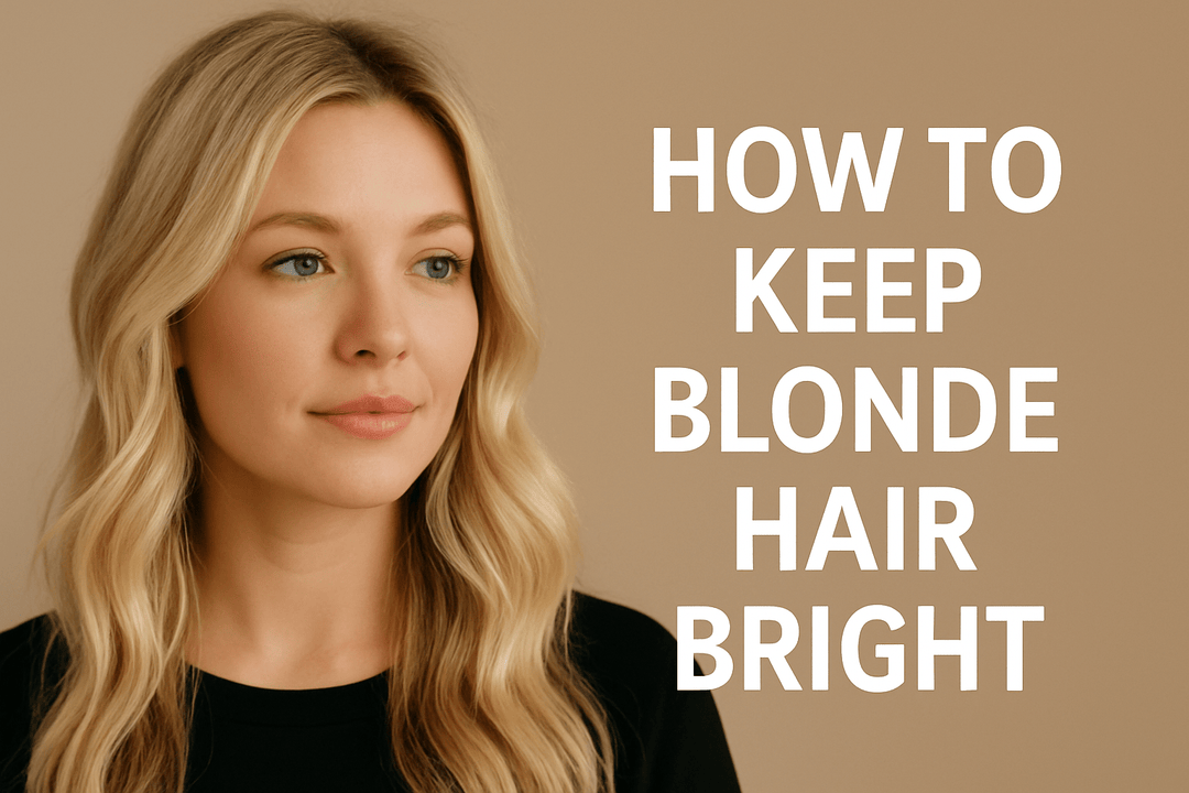 Smiling blonde woman with shiny, wavy hair beside bold text reading ‘How to Keep Blonde Hair Bright’ on a neutral background.