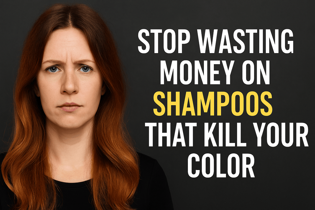 Stylist-themed thumbnail with bold text reading 'Stop Wasting Money on Shampoos That Kill Your Color' beside a woman with reddish-brown hair and a serious expression, set against a dark background.