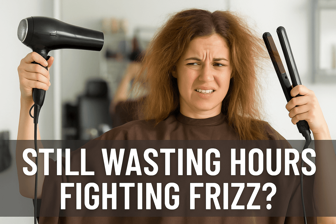Frustrated woman with frizzy hair holding a blow dryer and flat iron, text reads “Still Wasting Hours Fighting Frizz?”