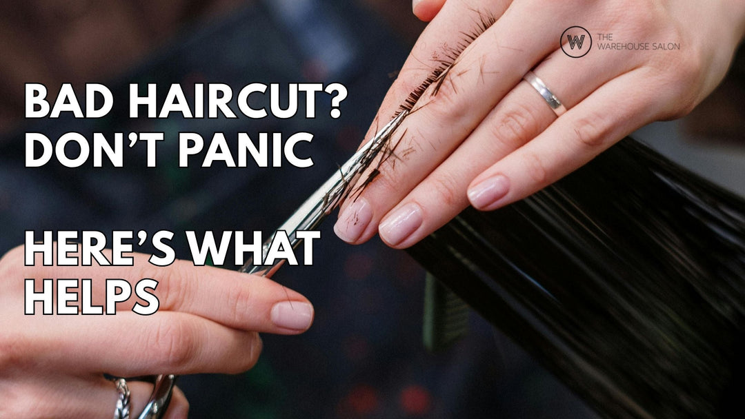 Woman styling short layered hair with texturizing spray in front of mirror.