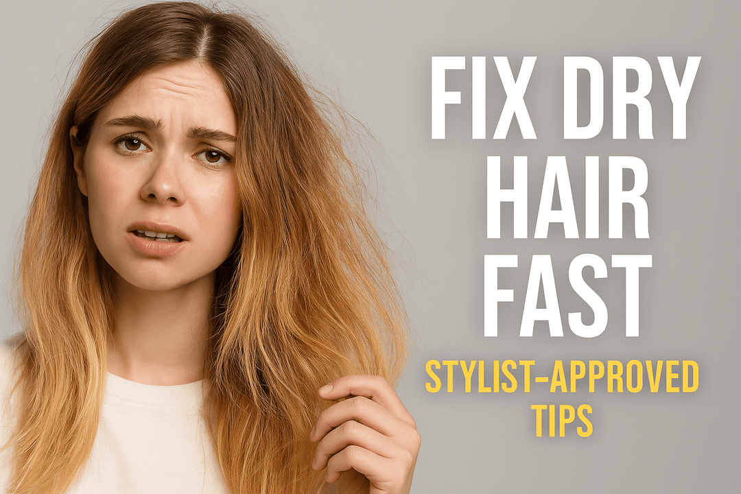 Woman with dry, frizzy blonde hair looking concerned, holding her ends, with bold text reading ‘Fix Dry Hair Fast: Stylist-Approved Tips’ in a landscape thumbnail.