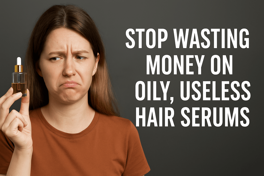 A frustrated woman in a brown shirt holds up a bottle of hair serum while frowning, with bold text beside her reading “Stop Wasting Money on Oily, Useless Hair Serums.”