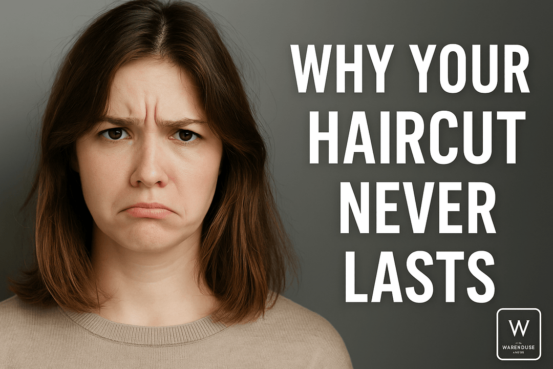 Woman with shoulder-length brown hair making a frustrated face, next to bold white text reading “Why Your Haircut Never Lasts,” with The Warehouse Salon logo in the corner.
