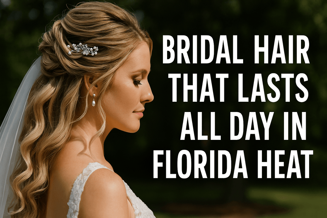 Bride with elegant waves and veil, text reads: Bridal Hair That Lasts All Day in Florida Heat.